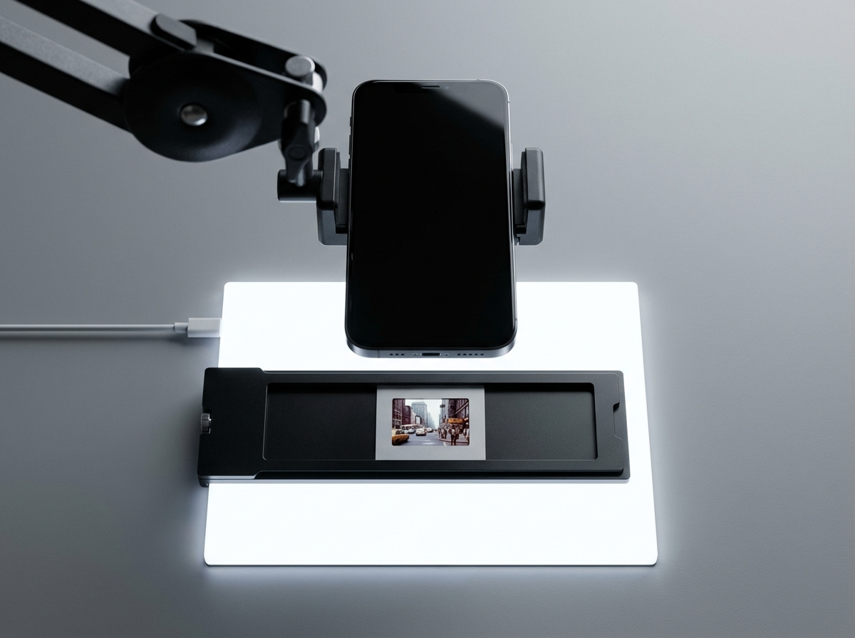 QuickSlideScan rig concept showing iPhone mounted above a light pad and slide holder