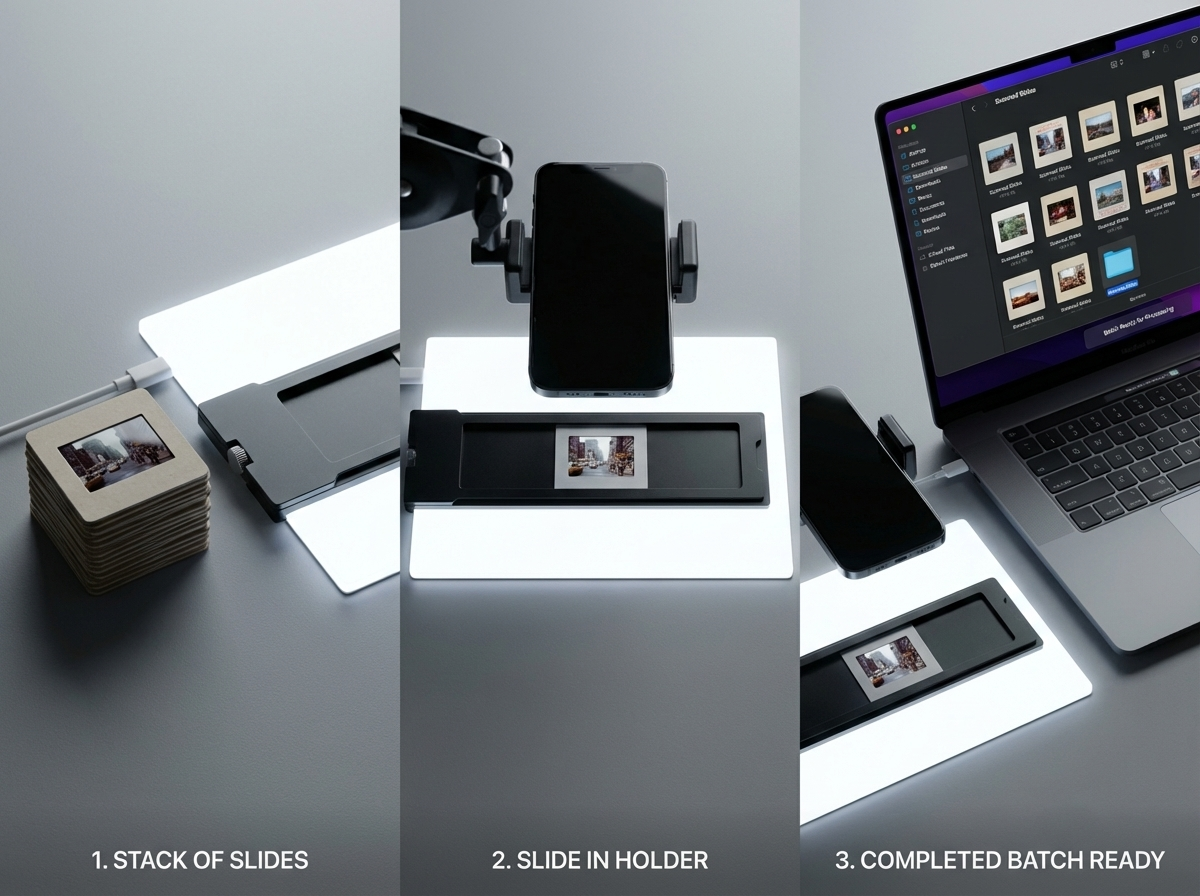 Three-panel QuickSlideScan workflow showing slide stack, scanning setup, and completed digital batch